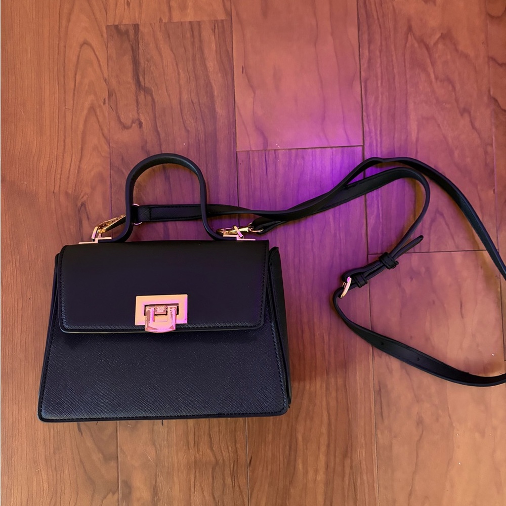 Mini Black w/ Gold Hardware Structured Crossbody Purse Handbag Purse Top Handle
